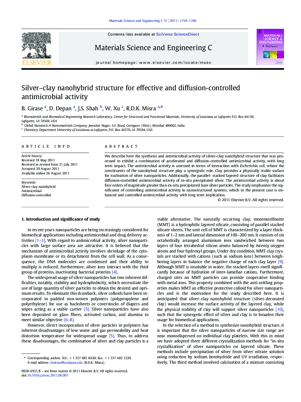 عکس صفحه اول مقاله: Silver–clay nanohybrid structure for effective and diffusion-controlled antimicrobial activity Silver–clay nanohybrid structure for effective and diffusion-controlled antimicrobial activity