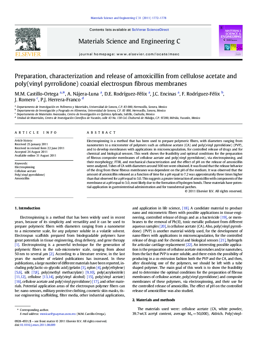 Preparation, characterization and release of amoxicillin from cellulose acetate and poly(vinyl pyrrolidone) coaxial electrospun fibrous membranes