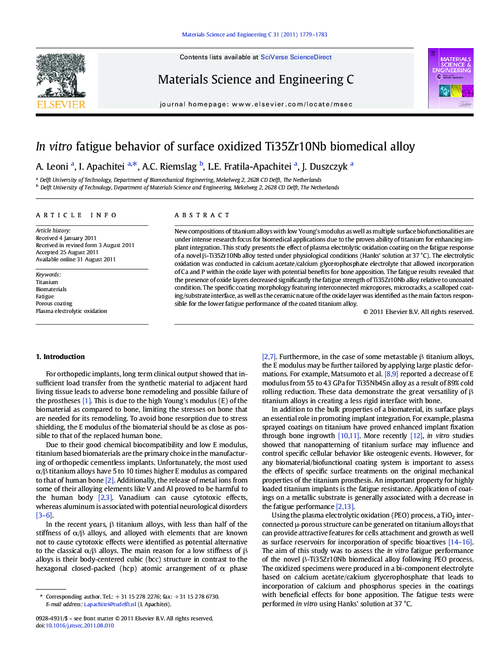 In vitro fatigue behavior of surface oxidized Ti35Zr10Nb biomedical alloy