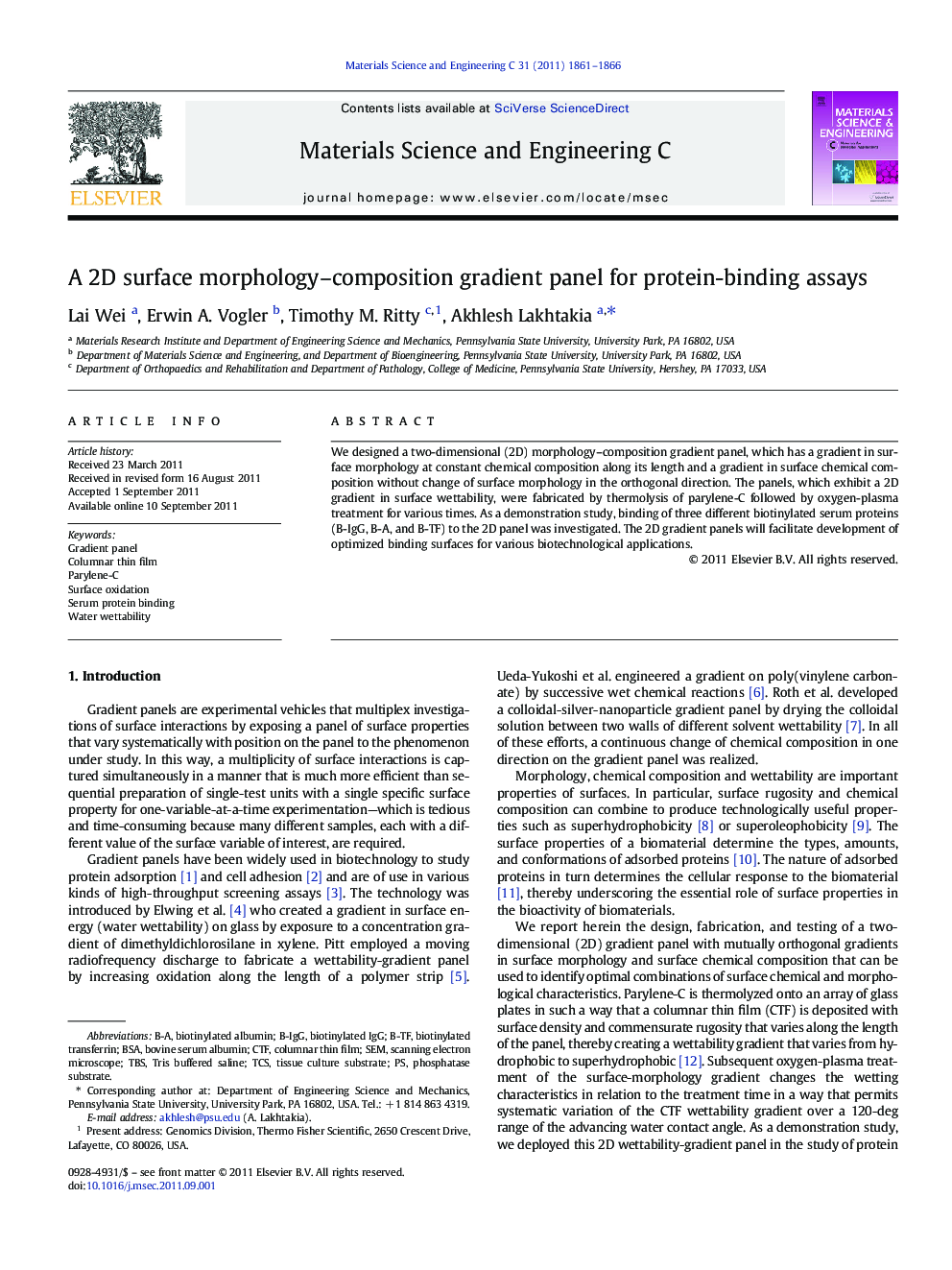 عکس صفحه اول مقاله: A 2D surface morphology–composition gradient panel for protein-binding assays A 2D surface morphology–composition gradient panel for protein-binding assays
