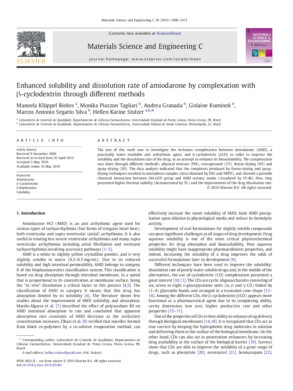 Enhanced solubility and dissolution rate of amiodarone by complexation with β-cyclodextrin through different methods