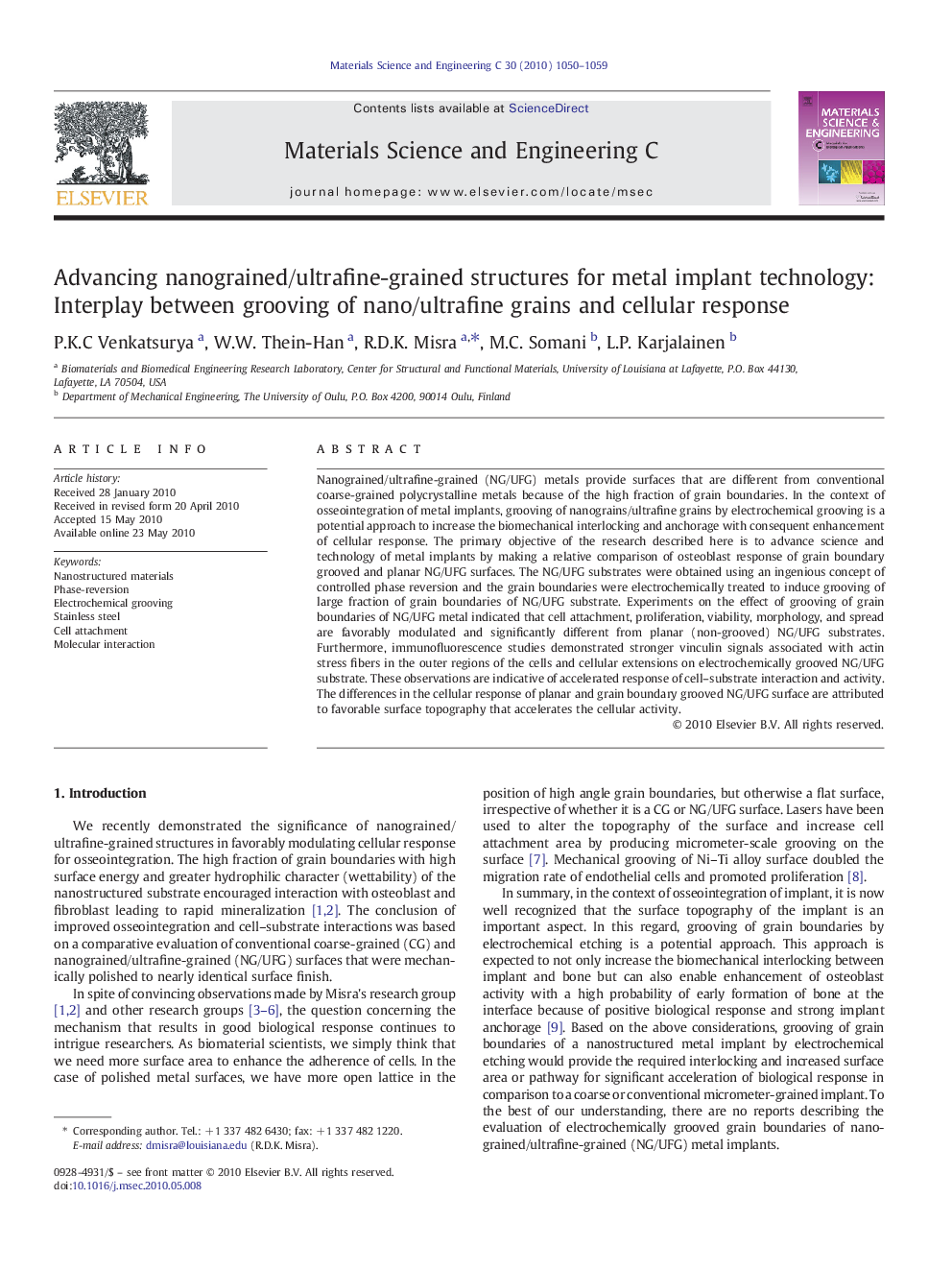 Advancing nanograined/ultrafine-grained structures for metal implant technology: Interplay between grooving of nano/ultrafine grains and cellular response