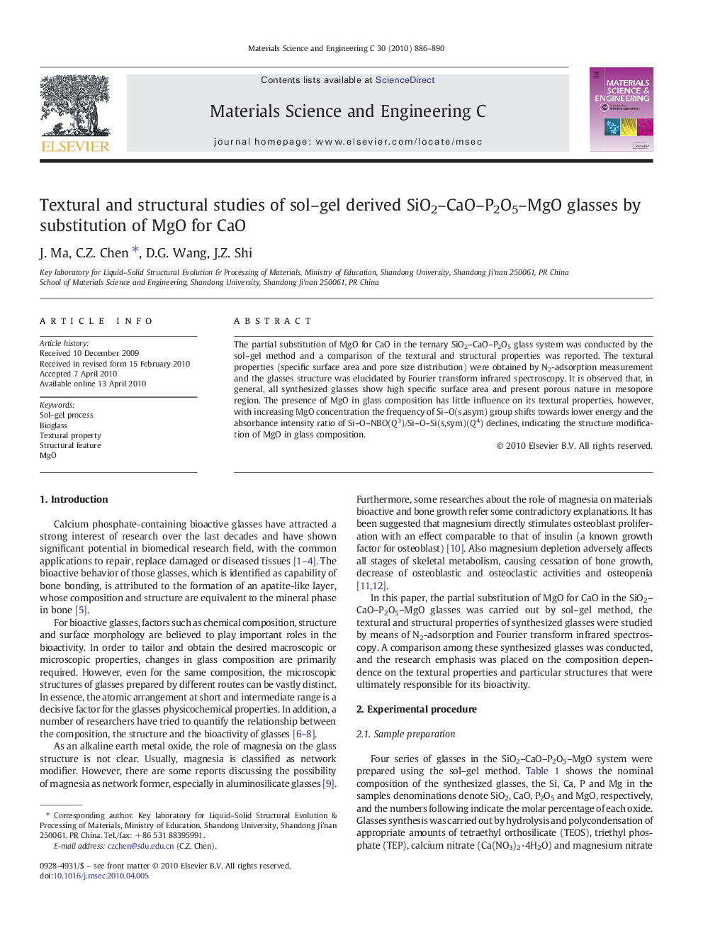 Textural and structural studies of sol–gel derived SiO2–CaO–P2O5–MgO glasses by substitution of MgO for CaO