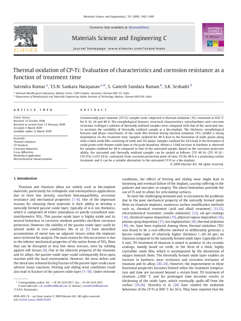 Thermal oxidation of CP-Ti: Evaluation of characteristics and corrosion resistance as a function of treatment time