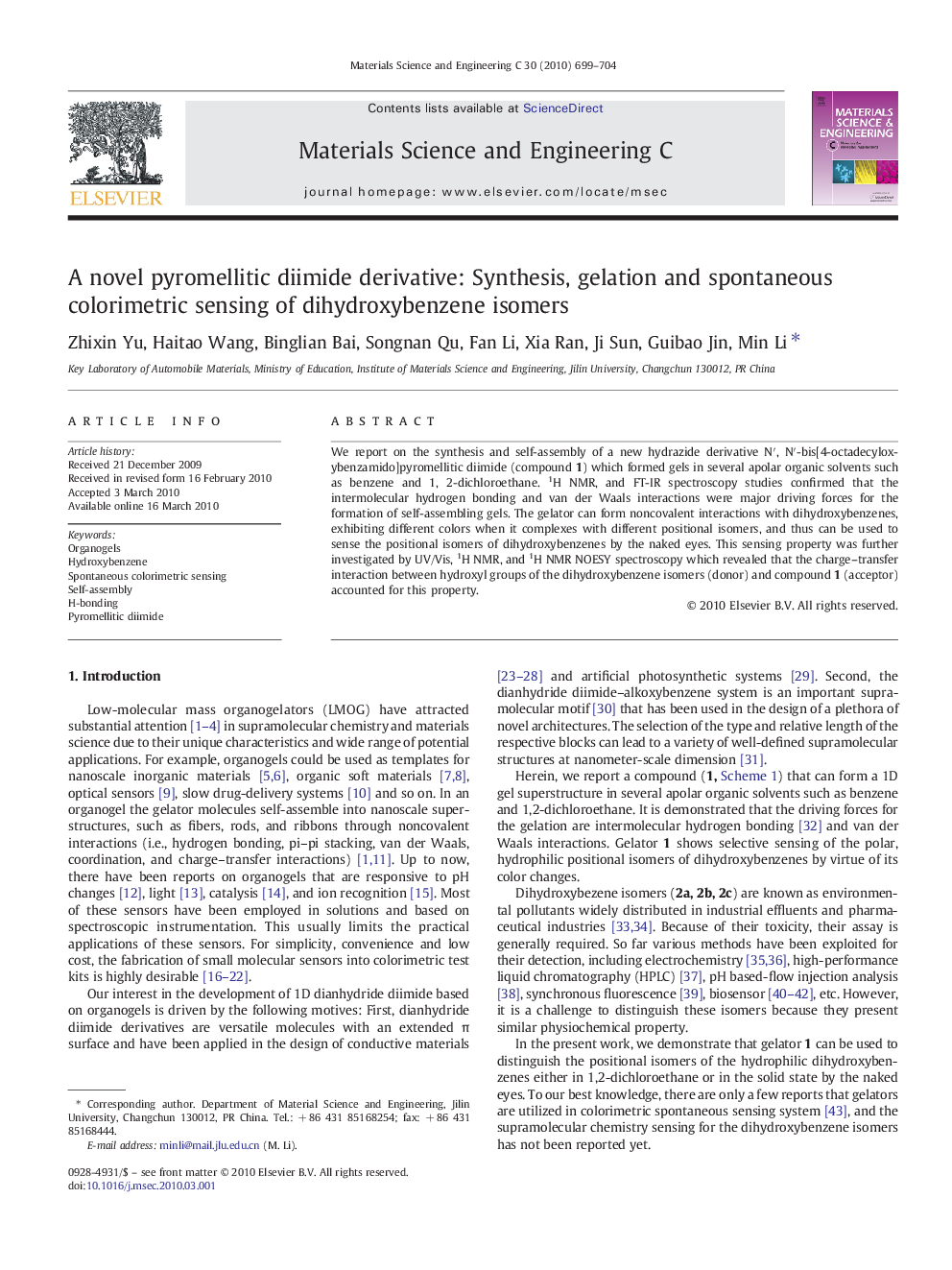 A novel pyromellitic diimide derivative: Synthesis, gelation and spontaneous colorimetric sensing of dihydroxybenzene isomers