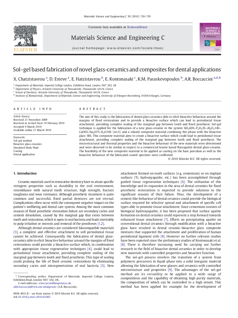 عکس صفحه اول مقاله: Sol–gel based fabrication of novel glass-ceramics and composites for dental applications Sol–gel based fabrication of novel glass-ceramics and composites for dental applications