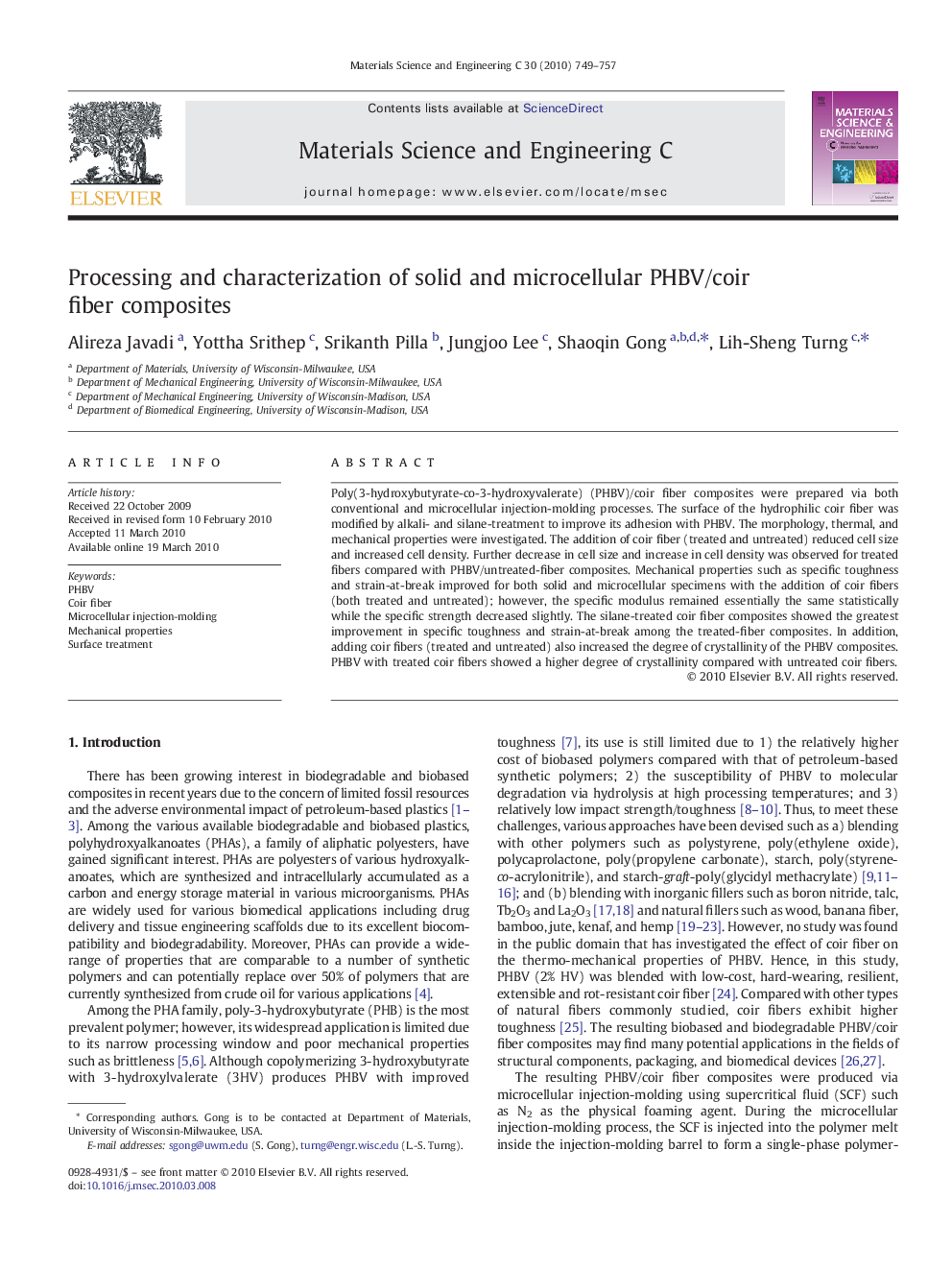 Processing and characterization of solid and microcellular PHBV/coir fiber composites