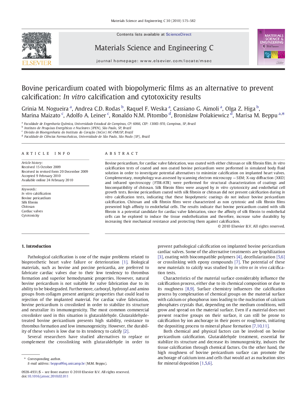 Bovine pericardium coated with biopolymeric films as an alternative to prevent calcification: In vitro calcification and cytotoxicity results