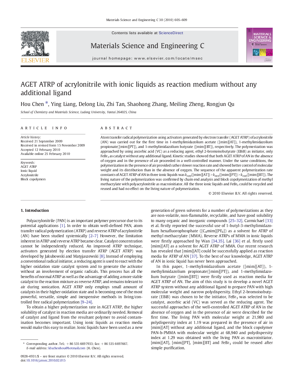 AGET ATRP of acrylonitrile with ionic liquids as reaction medium without any additional ligand