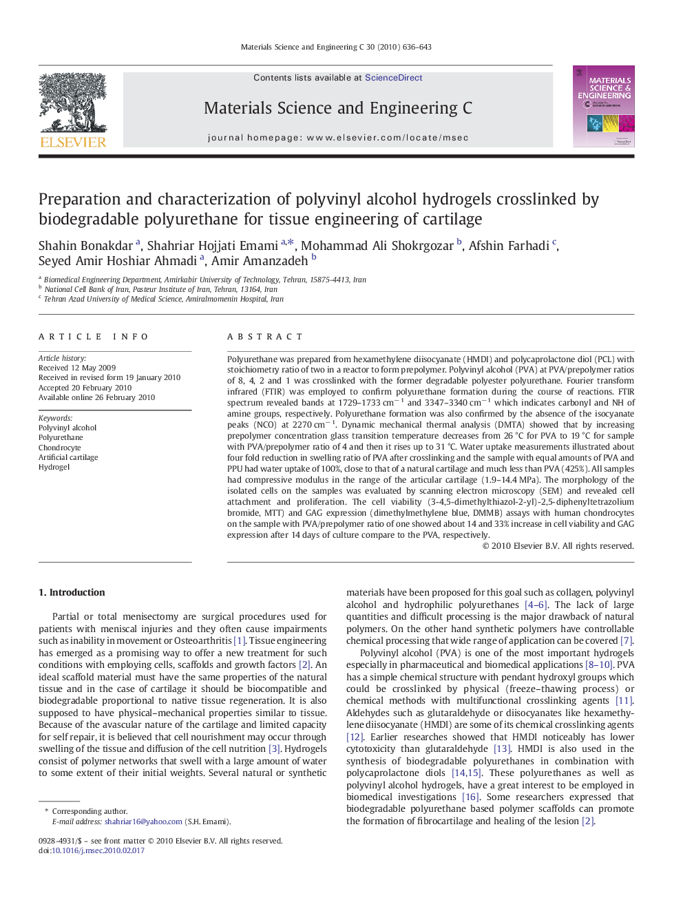 Preparation and characterization of polyvinyl alcohol hydrogels crosslinked by biodegradable polyurethane for tissue engineering of cartilage