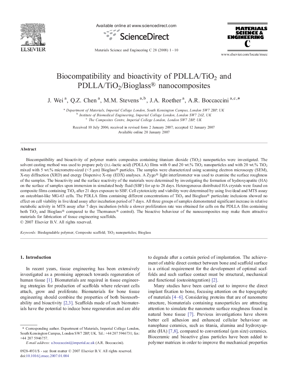 Biocompatibility and bioactivity of PDLLA/TiO2 and PDLLA/TiO2/Bioglass® nanocomposites