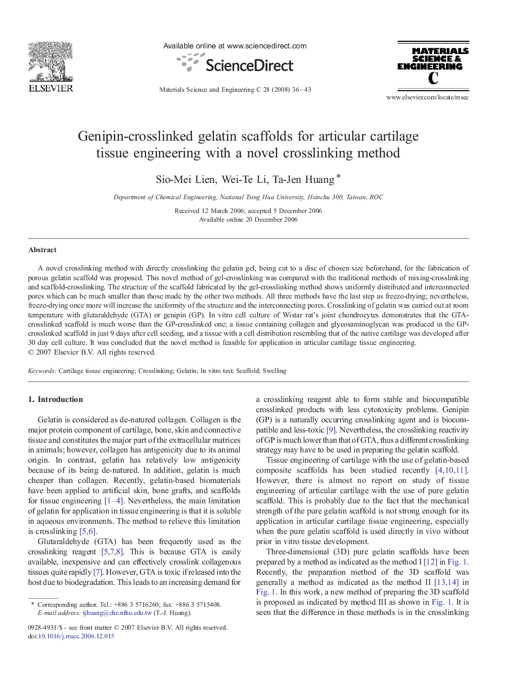 Genipin-crosslinked gelatin scaffolds for articular cartilage tissue engineering with a novel crosslinking method