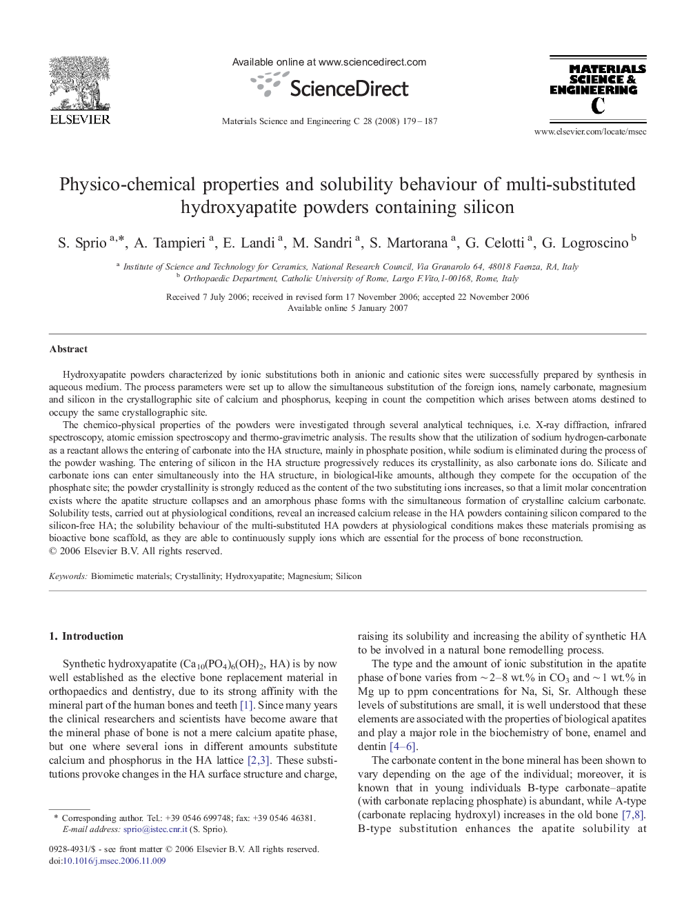 Physico-chemical properties and solubility behaviour of multi-substituted hydroxyapatite powders containing silicon