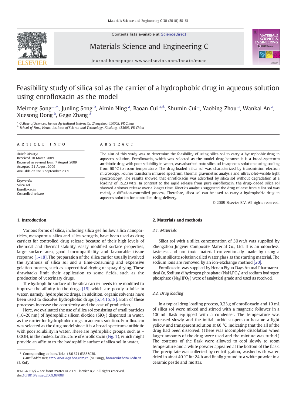 Feasibility study of silica sol as the carrier of a hydrophobic drug in aqueous solution using enrofloxacin as the model