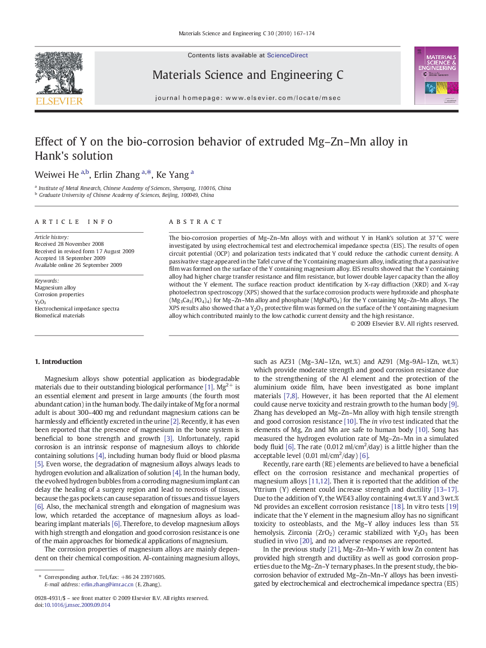 Effect of Y on the bio-corrosion behavior of extruded Mg–Zn–Mn alloy in Hank's solution