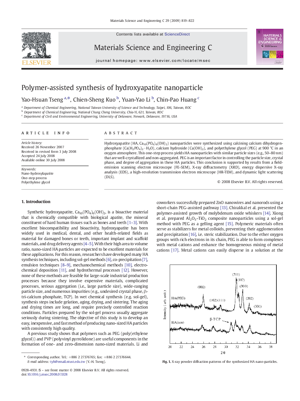 Polymer-assisted synthesis of hydroxyapatite nanoparticle