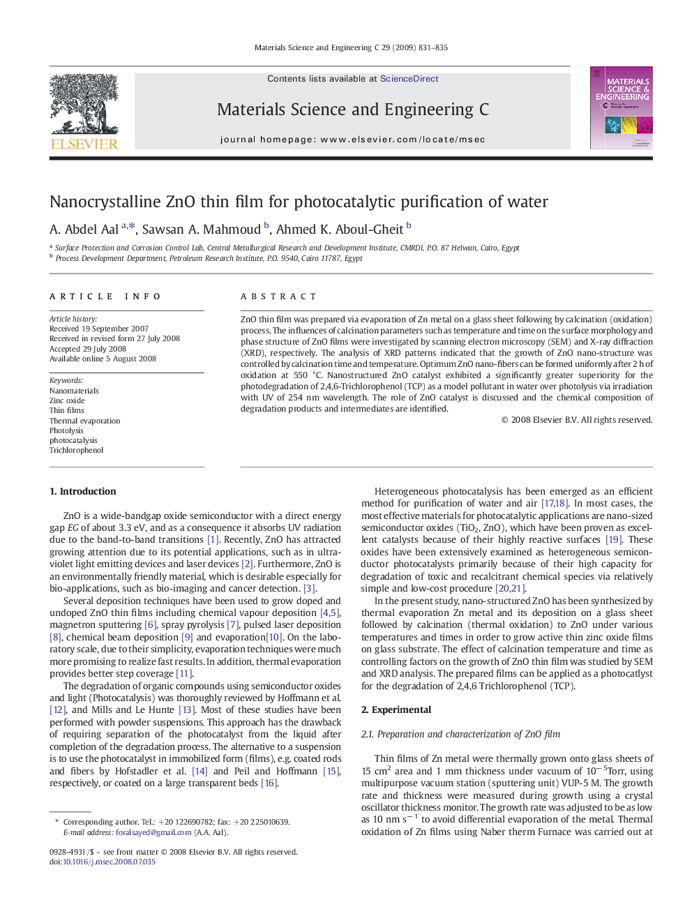 Nanocrystalline ZnO thin film for photocatalytic purification of water