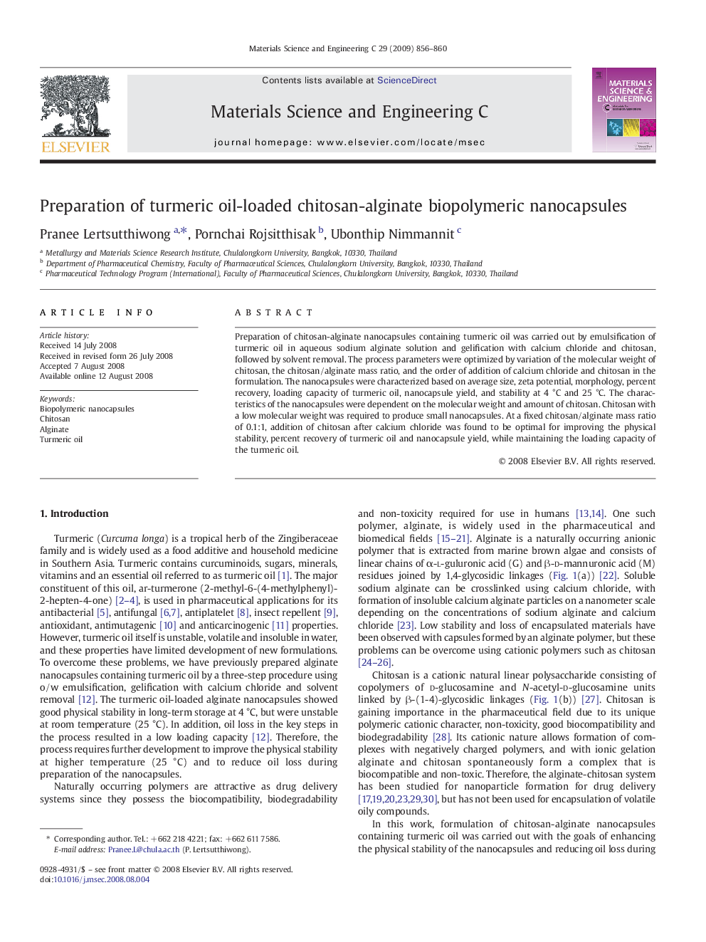 Preparation of turmeric oil-loaded chitosan-alginate biopolymeric nanocapsules