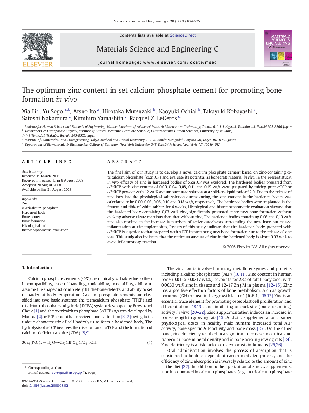 The optimum zinc content in set calcium phosphate cement for promoting bone formation in vivo