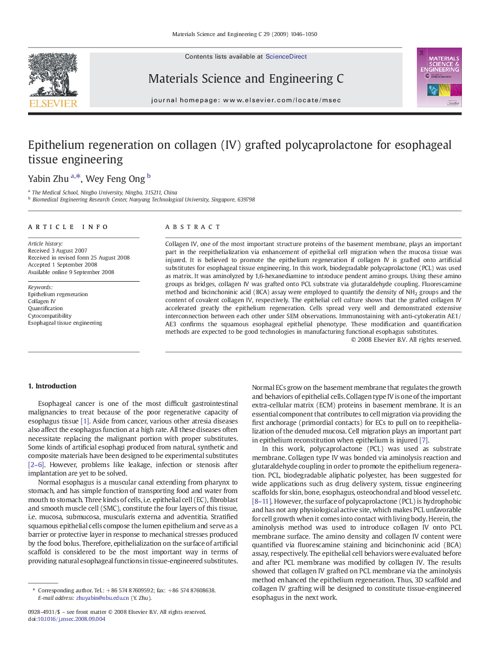 Epithelium regeneration on collagen (IV) grafted polycaprolactone for esophageal tissue engineering