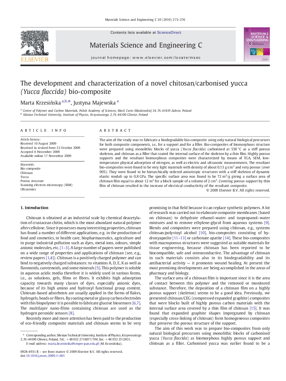 The development and characterization of a novel chitosan/carbonised yucca (Yucca flaccida) bio-composite