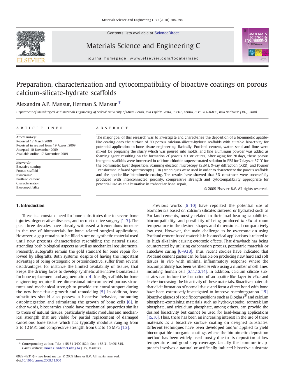 Preparation, characterization and cytocompatibility of bioactive coatings on porous calcium-silicate-hydrate scaffolds