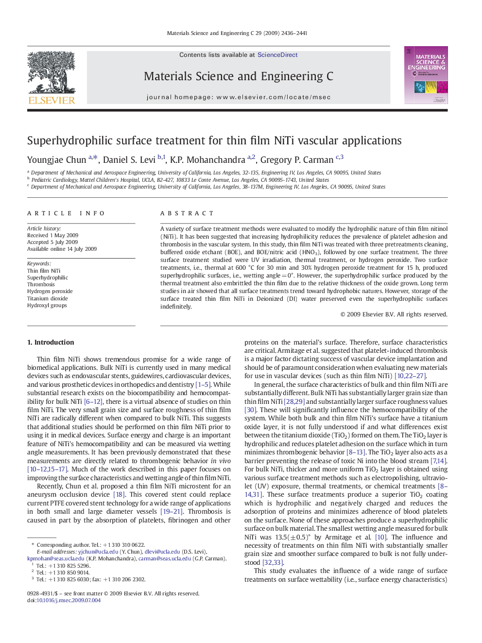عکس صفحه اول مقاله: Superhydrophilic surface treatment for thin film NiTi vascular applications Superhydrophilic surface treatment for thin film NiTi vascular applications