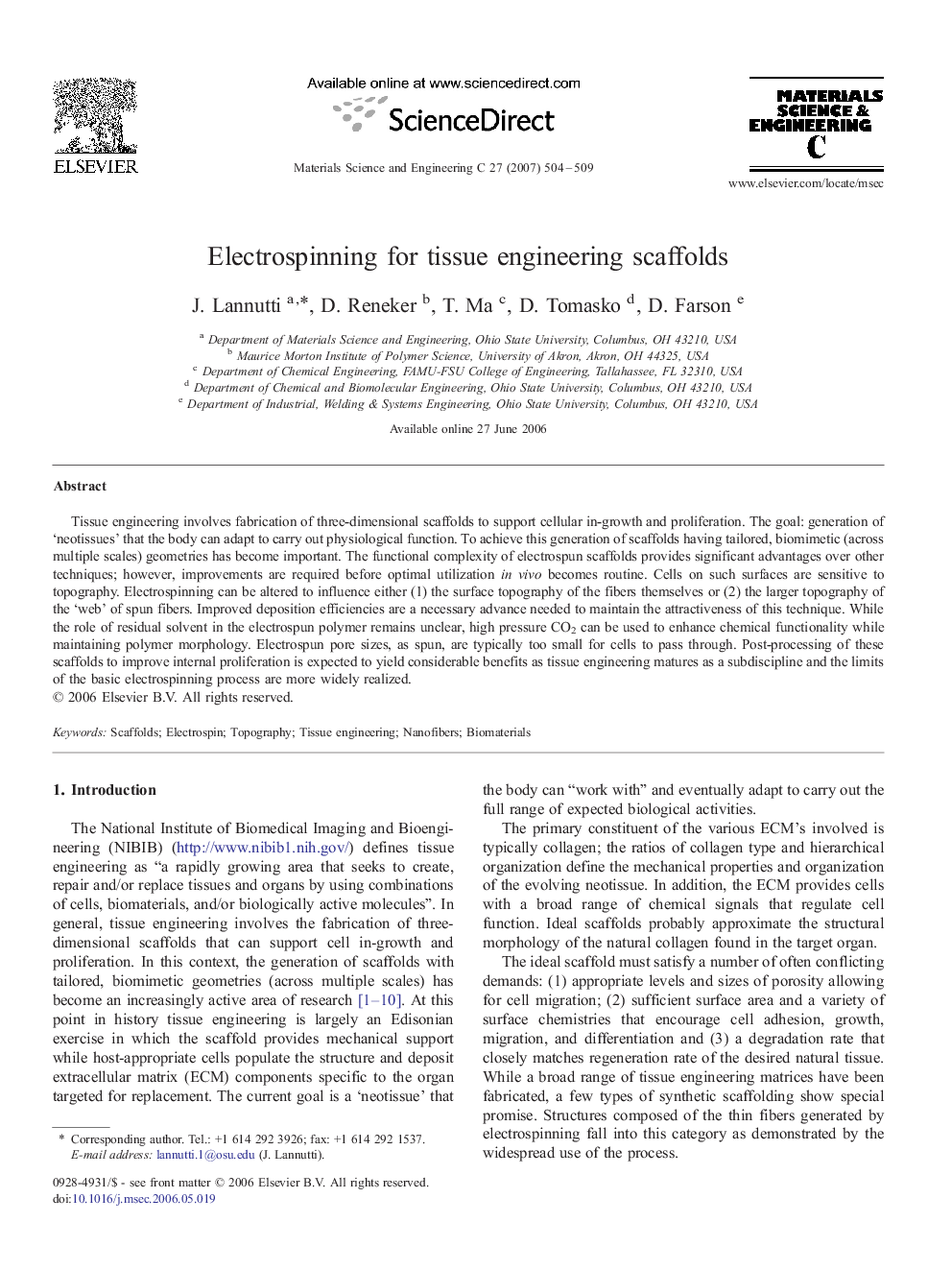 Electrospinning for tissue engineering scaffolds