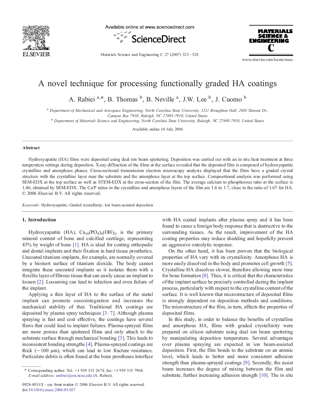 A novel technique for processing functionally graded HA coatings