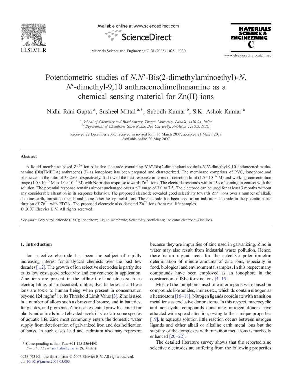 Potentiometric studies of N,N′-Bis(2-dimethylaminoethyl)-N,N′-dimethyl-9,10 anthracenedimethanamine as a chemical sensing material for Zn(II) ions