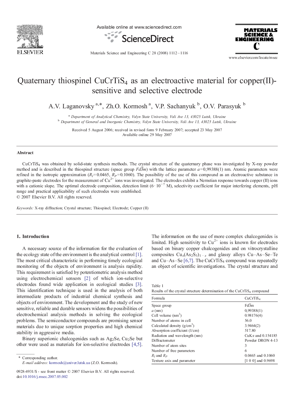 Quaternary thiospinel CuCrTiS4 as an electroactive material for copper(II)-sensitive and selective electrode