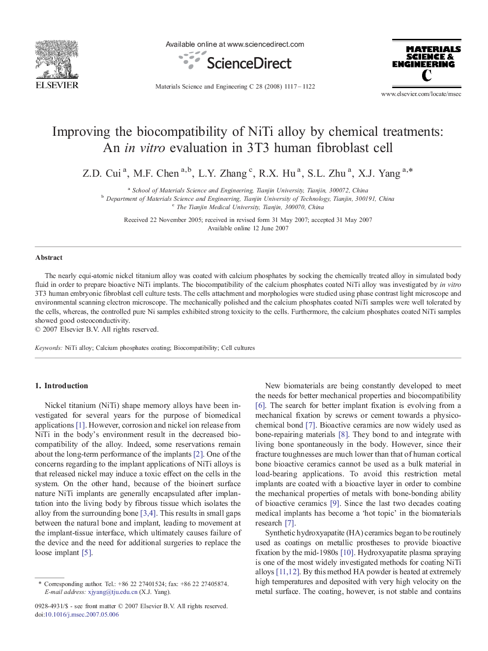 Improving the biocompatibility of NiTi alloy by chemical treatments: An in vitro evaluation in 3T3 human fibroblast cell