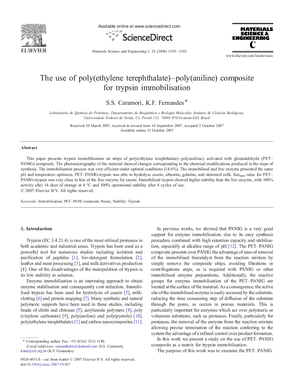 عکس صفحه اول مقاله: The use of poly(ethylene terephthalate)–poly(aniline) composite for trypsin immobilisation The use of poly(ethylene terephthalate)–poly(aniline) composite for trypsin immobilisation