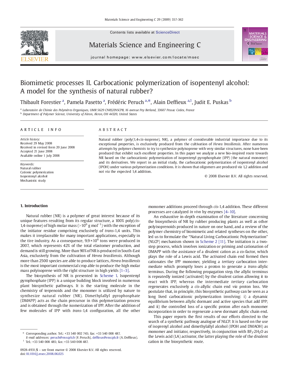 Biomimetic processes II. Carbocationic polymerization of isopentenyl alcohol: A model for the synthesis of natural rubber?