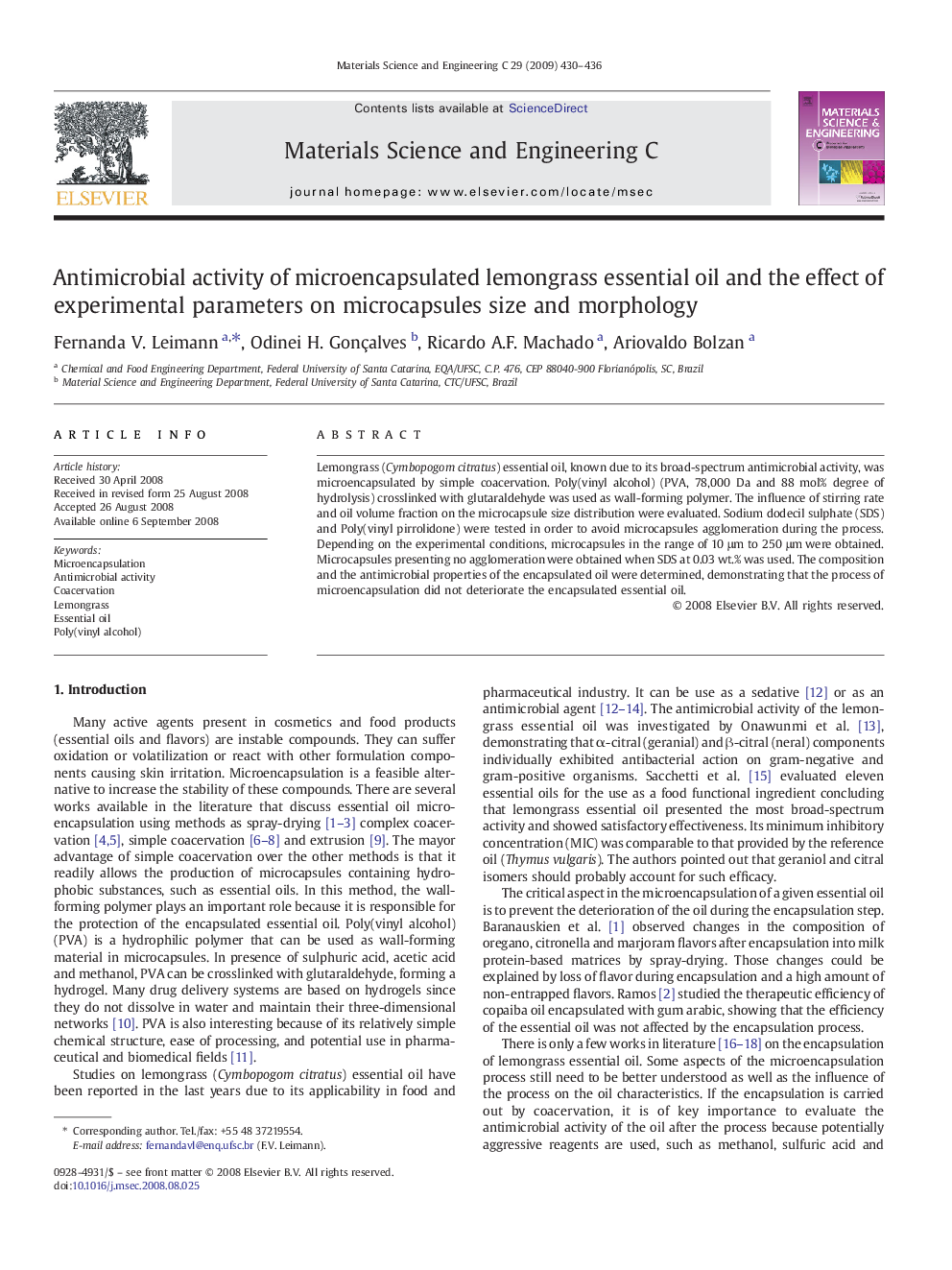 Antimicrobial activity of microencapsulated lemongrass essential oil and the effect of experimental parameters on microcapsules size and morphology