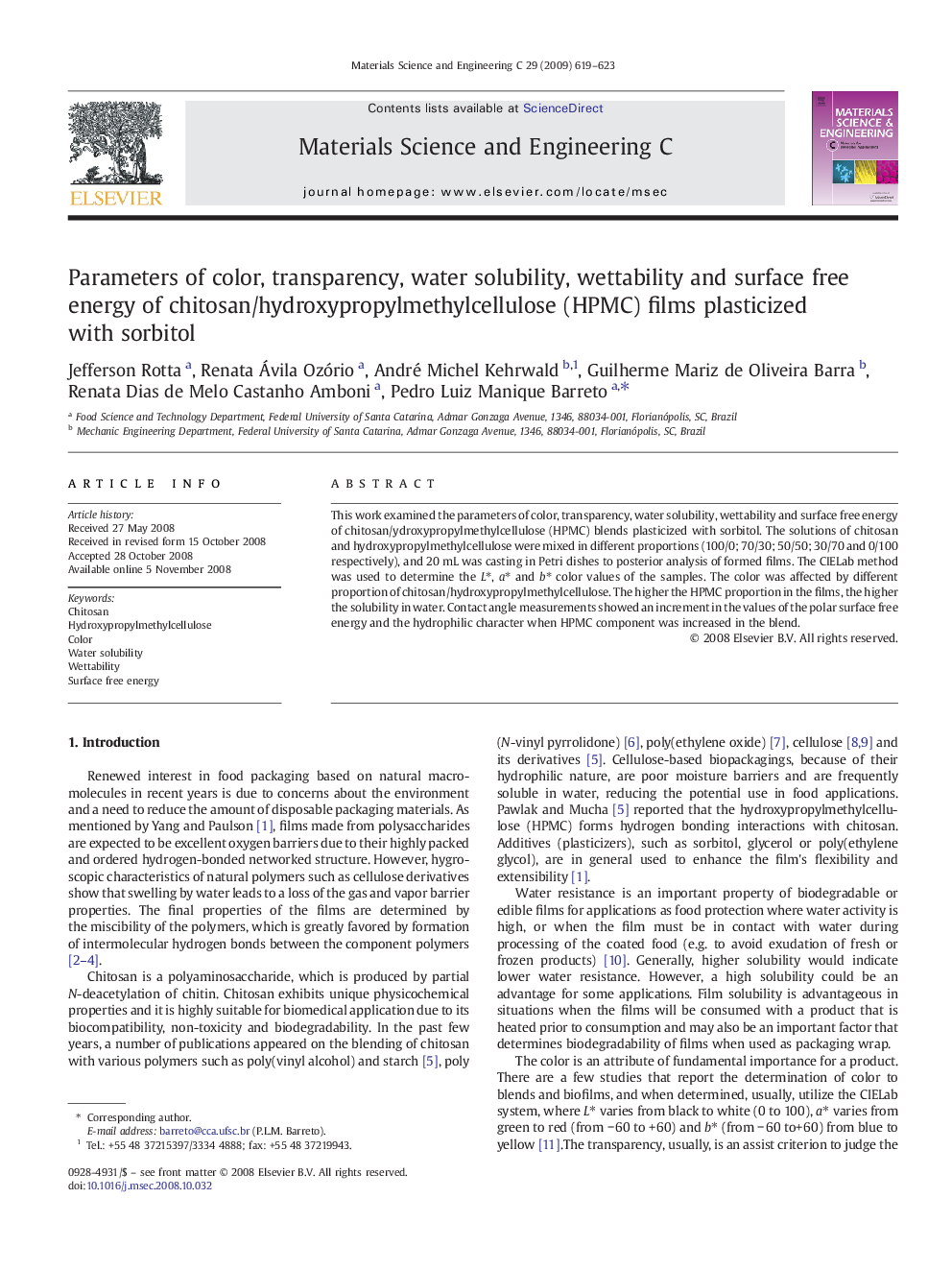 Parameters of color, transparency, water solubility, wettability and surface free energy of chitosan/hydroxypropylmethylcellulose (HPMC) films plasticized with sorbitol