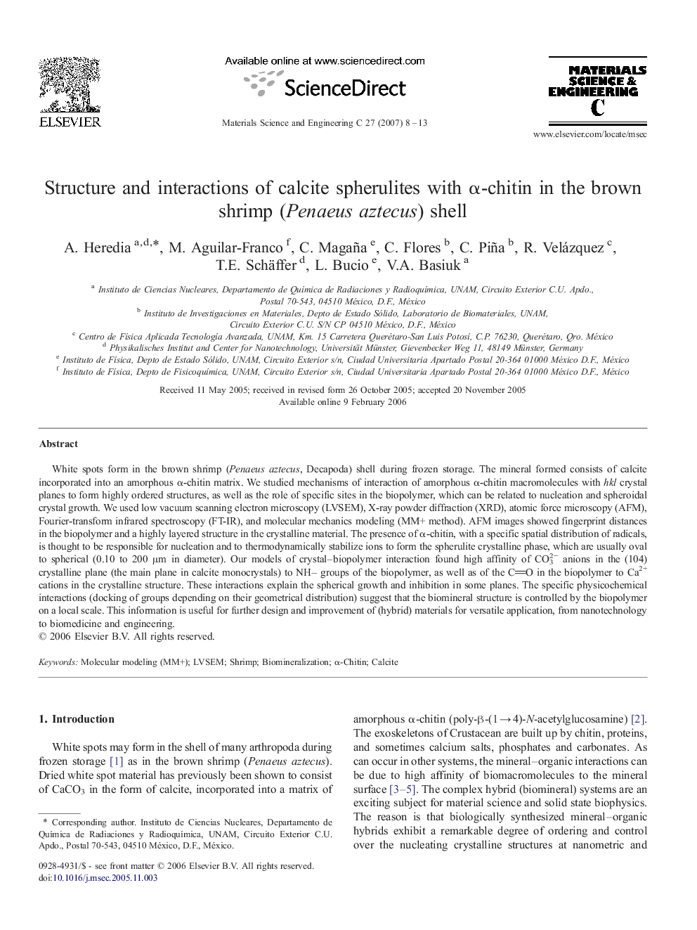 Structure and interactions of calcite spherulites with α-chitin in the brown shrimp (Penaeus aztecus) shell