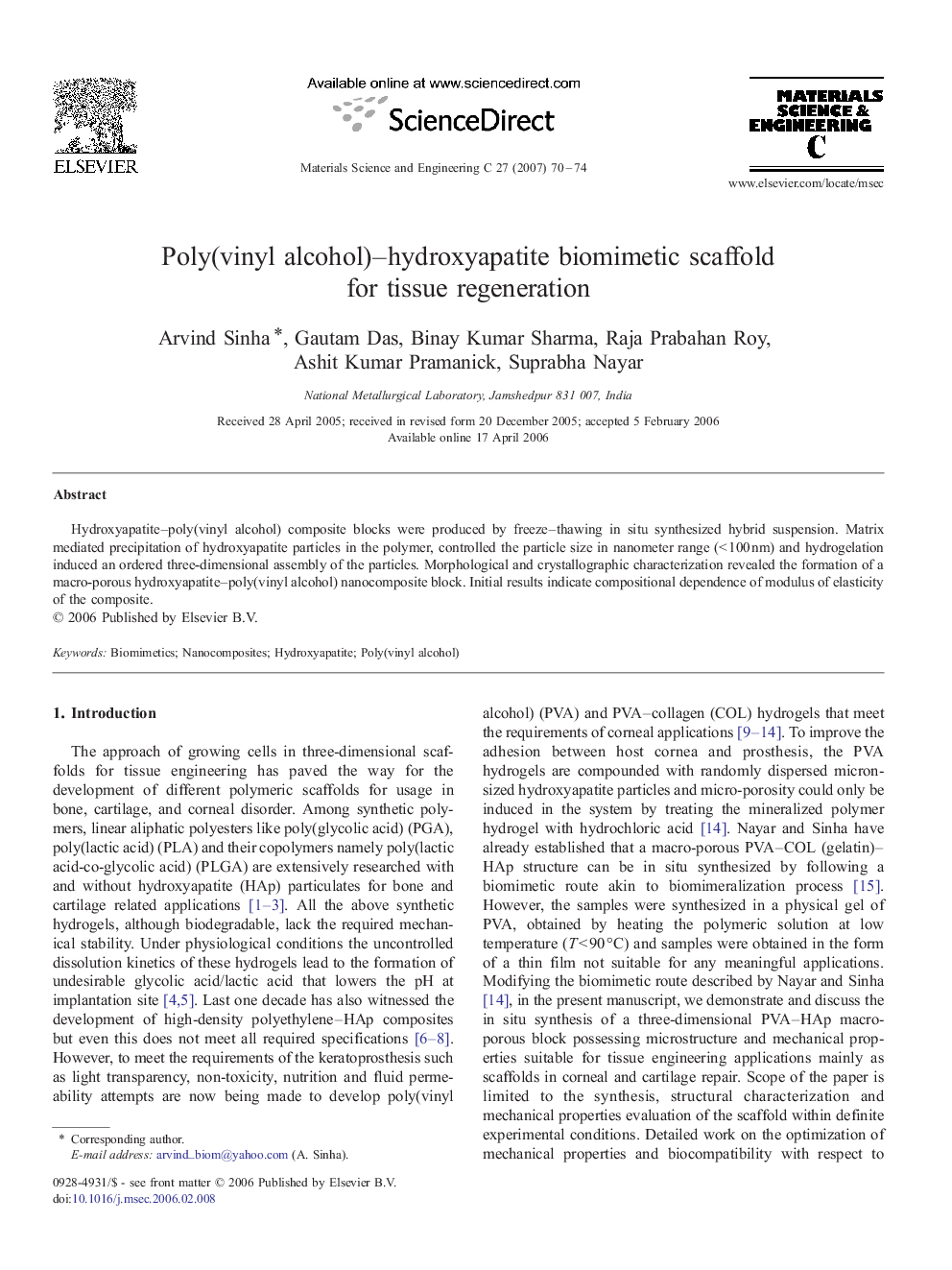 Poly(vinyl alcohol)–hydroxyapatite biomimetic scaffold for tissue regeneration