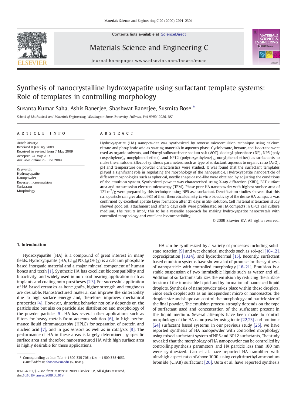 Synthesis of nanocrystalline hydroxyapatite using surfactant template systems: Role of templates in controlling morphology