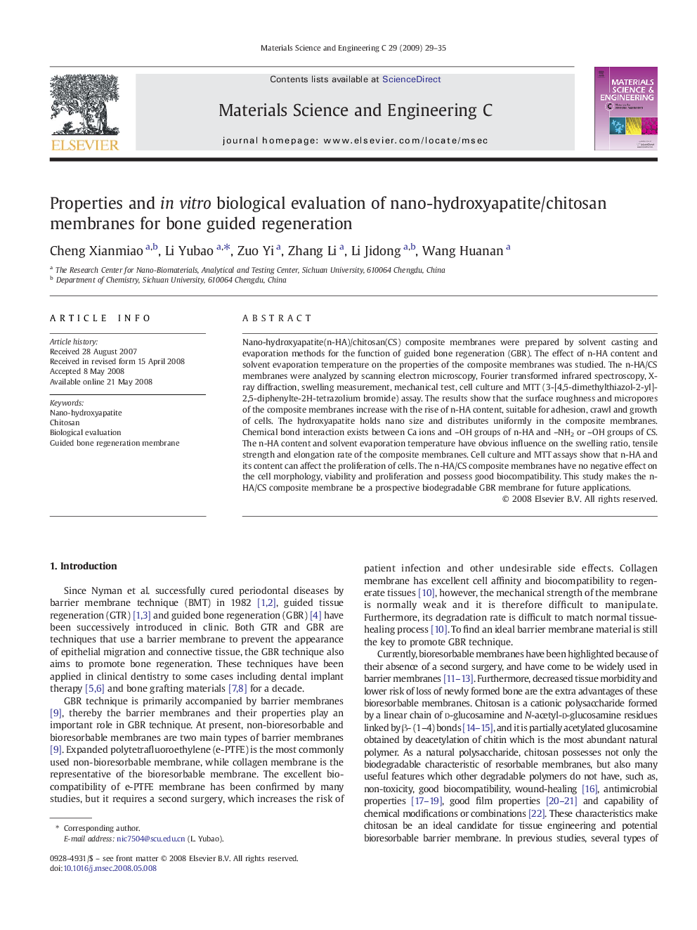 Properties and in vitro biological evaluation of nano-hydroxyapatite/chitosan membranes for bone guided regeneration