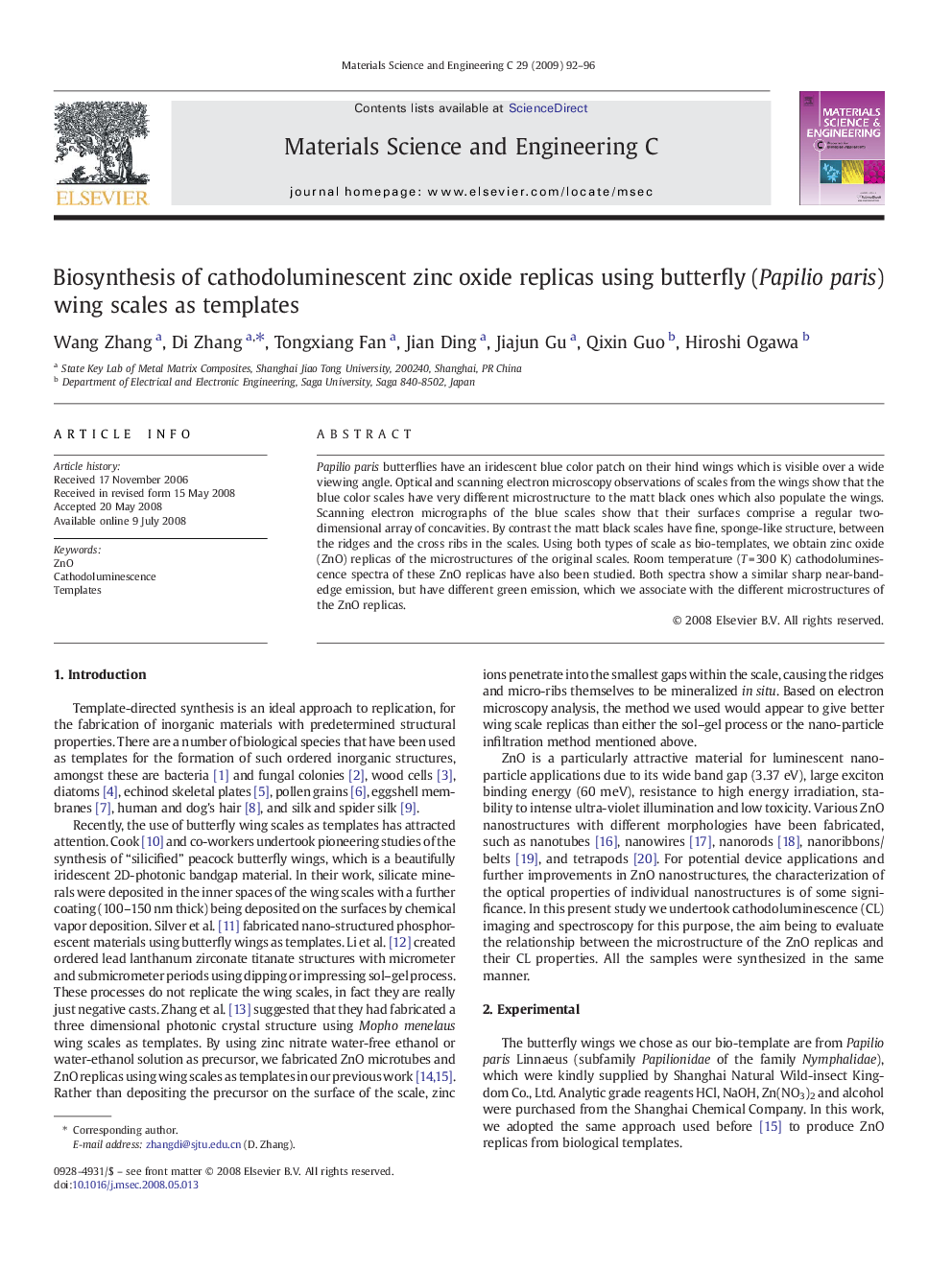 Biosynthesis of cathodoluminescent zinc oxide replicas using butterfly (Papilio paris) wing scales as templates