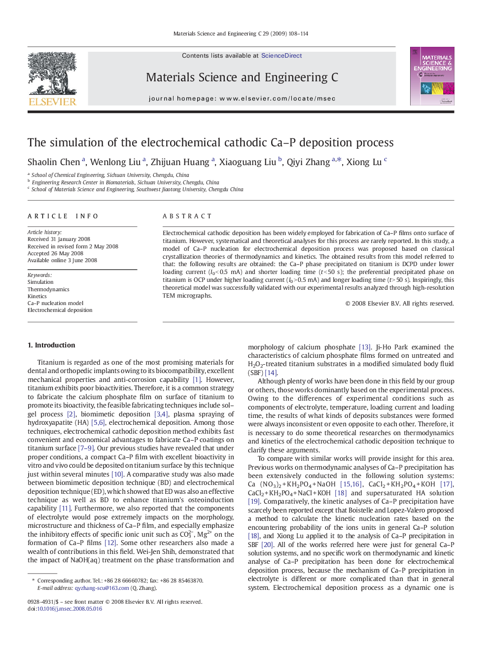 The simulation of the electrochemical cathodic Ca–P deposition process