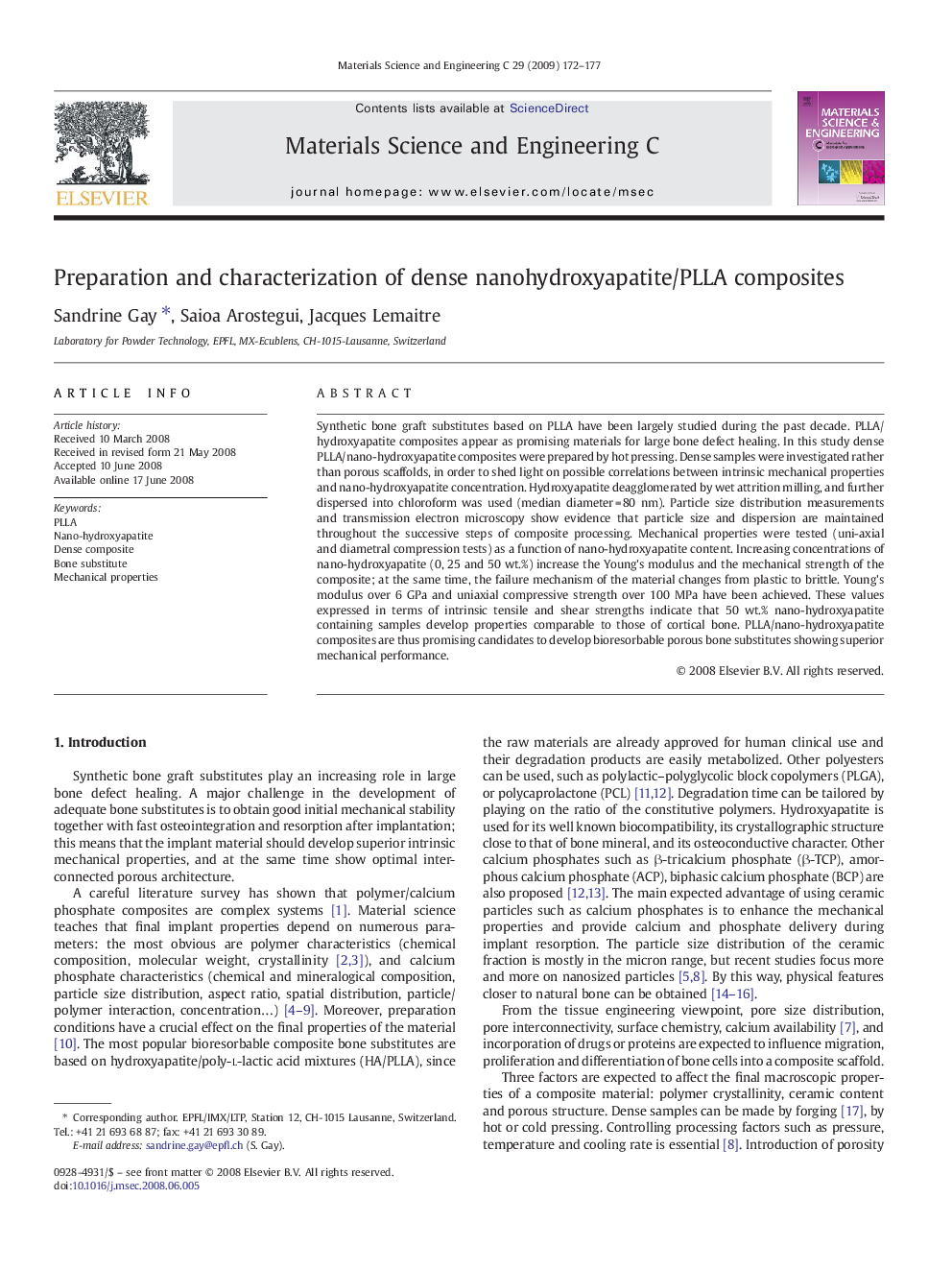 Preparation and characterization of dense nanohydroxyapatite/PLLA composites