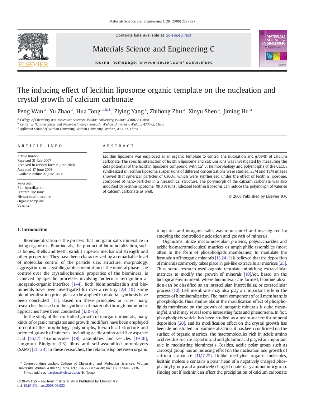 The inducing effect of lecithin liposome organic template on the nucleation and crystal growth of calcium carbonate