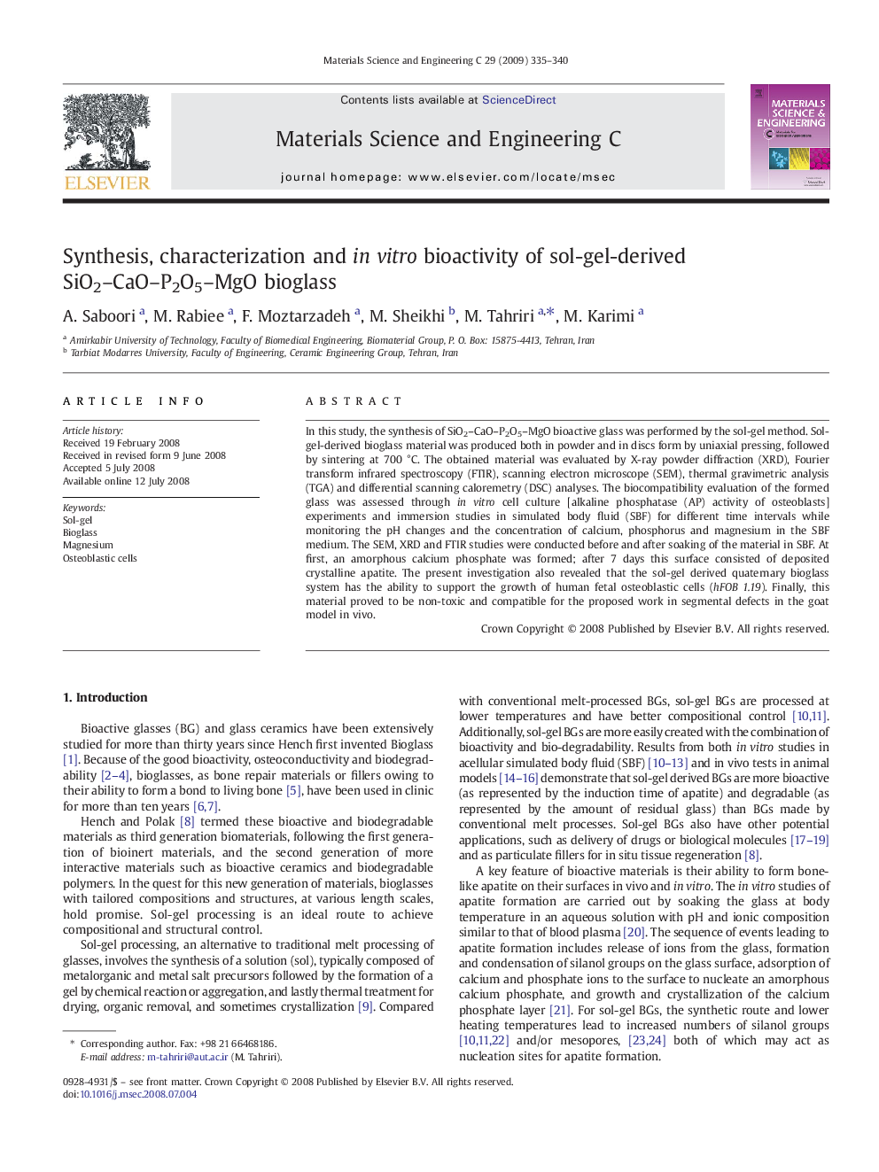 Synthesis, characterization and in vitro bioactivity of sol-gel-derived SiO2–CaO–P2O5–MgO bioglass