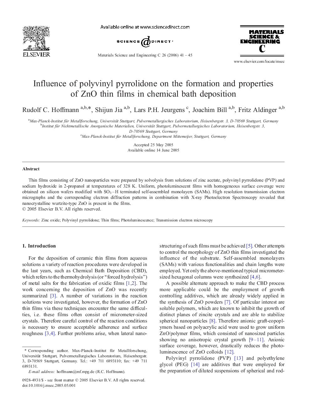 Influence of polyvinyl pyrrolidone on the formation and properties of ZnO thin films in chemical bath deposition