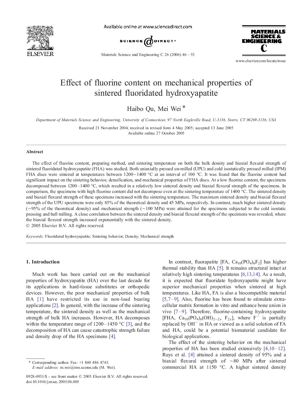 Effect of fluorine content on mechanical properties of sintered fluoridated hydroxyapatite