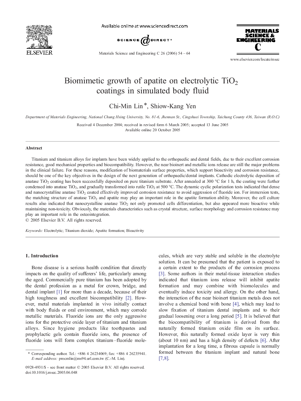 Biomimetic growth of apatite on electrolytic TiO2 coatings in simulated body fluid