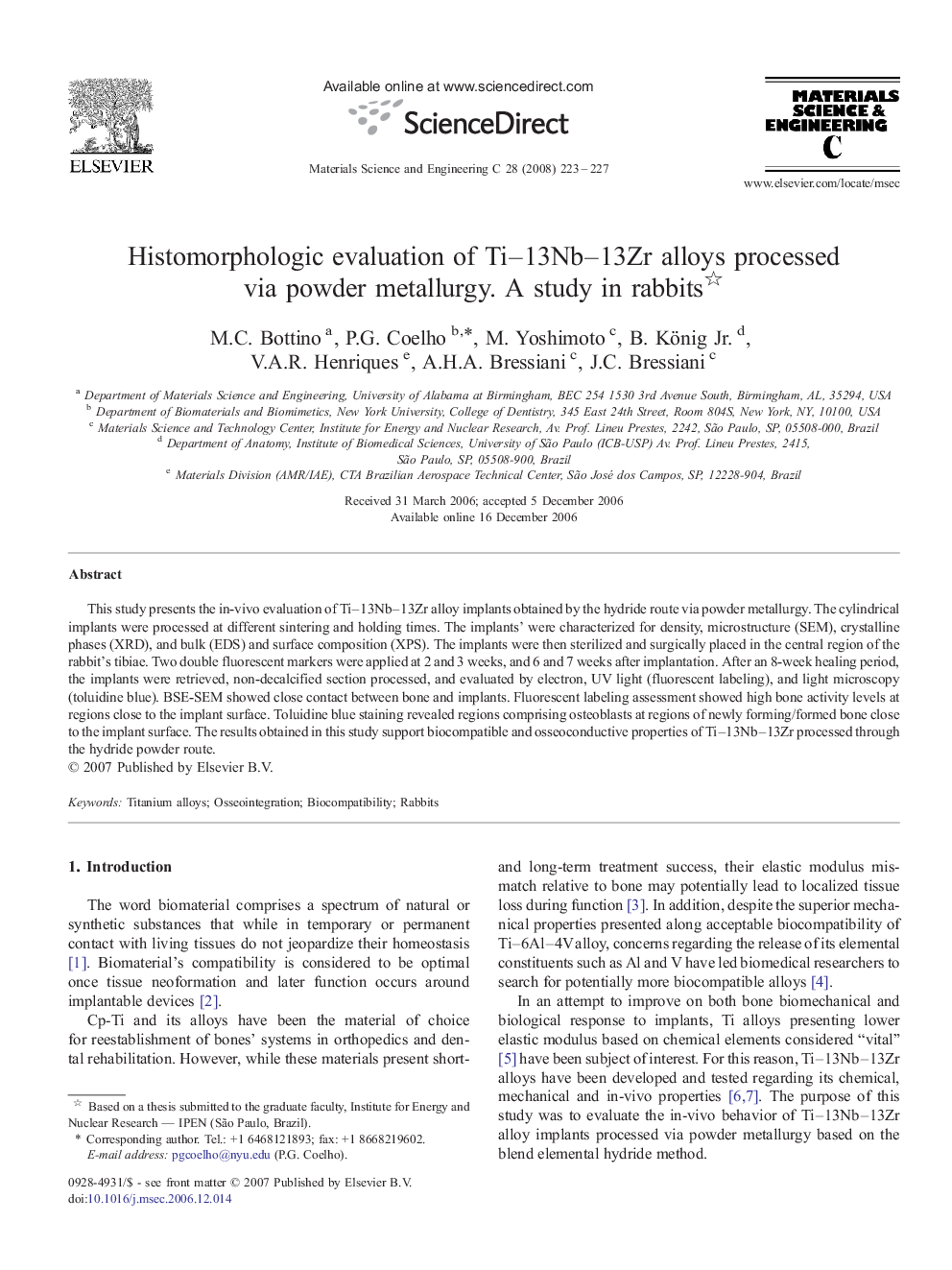 Histomorphologic evaluation of Ti–13Nb–13Zr alloys processed via powder metallurgy. A study in rabbits 