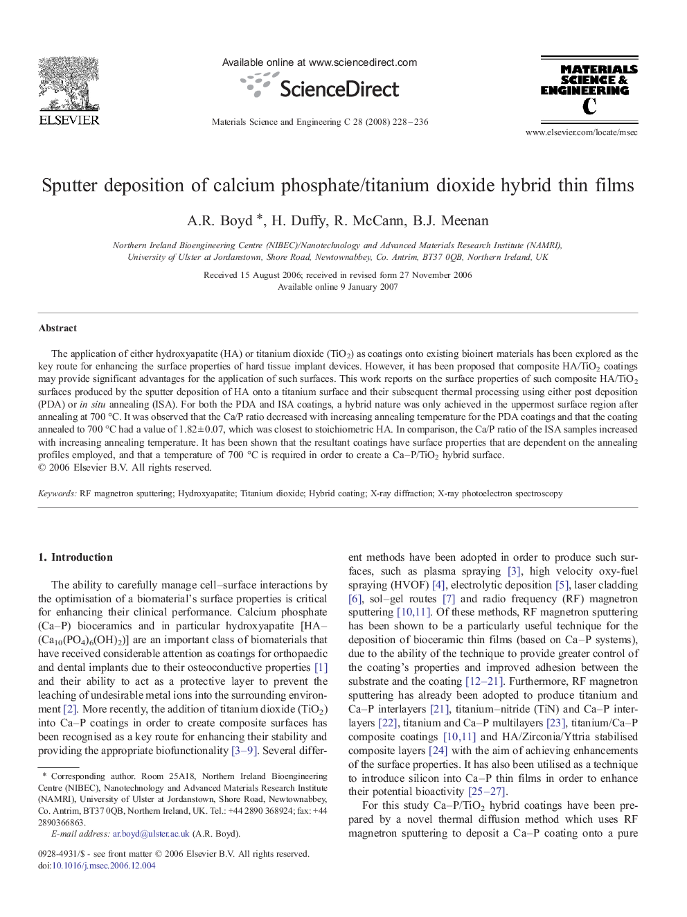 Sputter deposition of calcium phosphate/titanium dioxide hybrid thin films